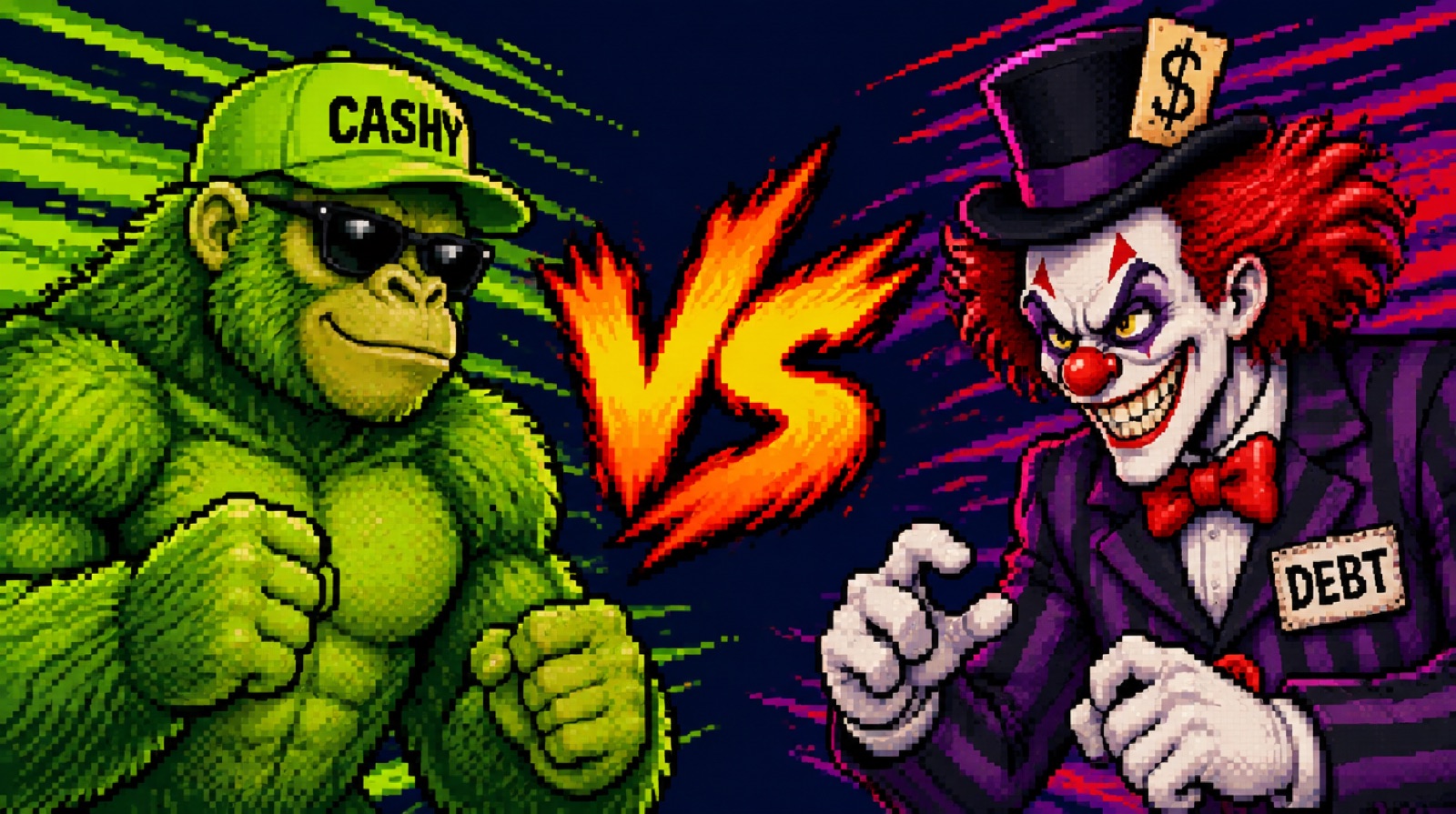 Pixel-art VS screen: the Cashy gorilla against the Debt Clown