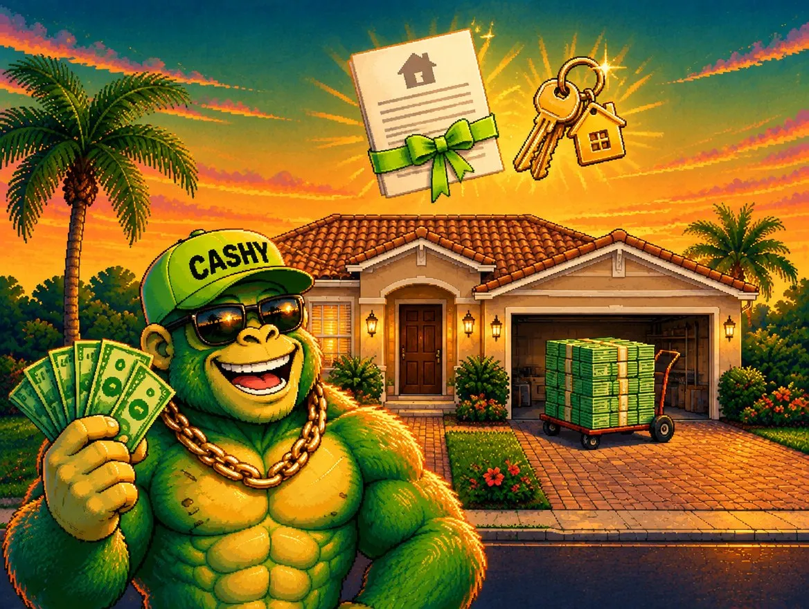 Pixel art: a Florida home with stacks of cash rolling out of the garage, the Cashy gorilla holding a fan of cash