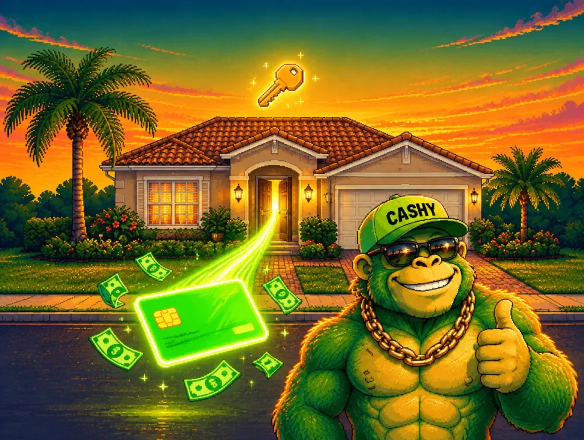 Pixel art: a Florida home at sunset with a lime line of credit flowing out of the front door, the Cashy gorilla giving a thumbs-up