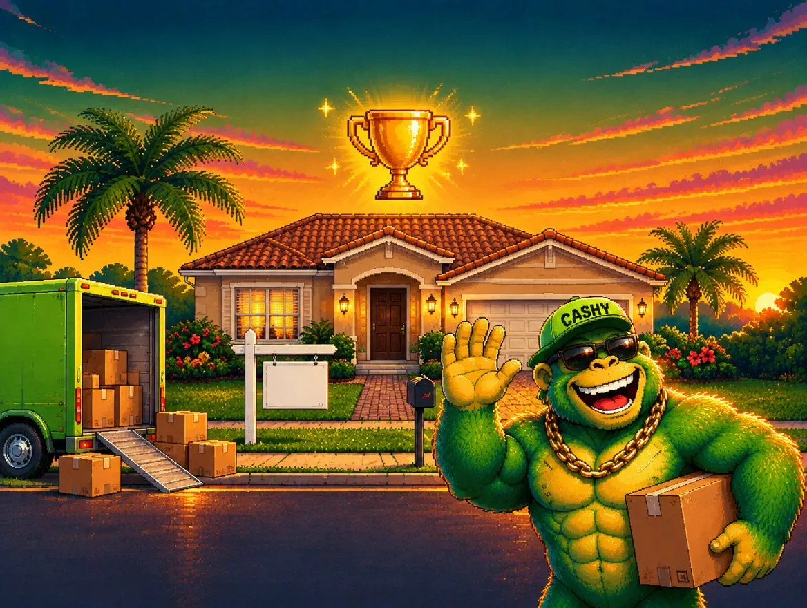 Pixel art: a Florida home with a blank yard sign and a moving truck, the Cashy gorilla waving with a box under his arm
