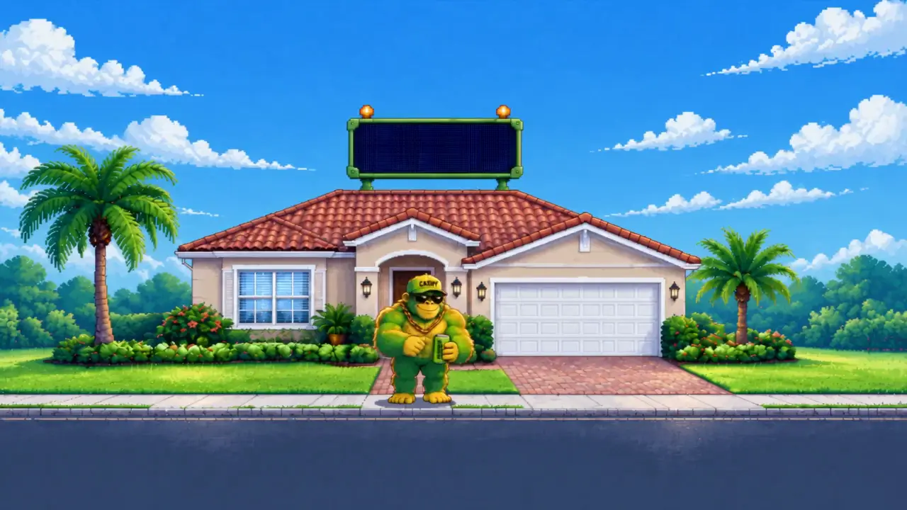 A Florida home with a terracotta tile roof, palms and a scoreboard sign on the roof. As you scroll, the gorilla dances hip-hop in front of it while the day turns to night, throws cash in the air and raises a toast