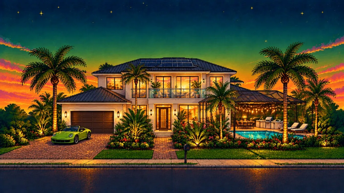 Pixel art: the Florida dream home at sunset with a pool, palms and the lime roadster